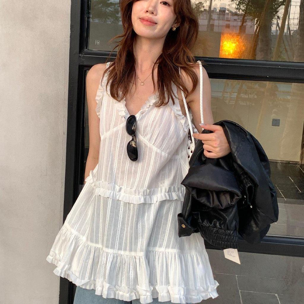 Lemon Green Tea Women's Sweet Ballet-Style Ruffled Lace Camisole Tank for Spring 2026
