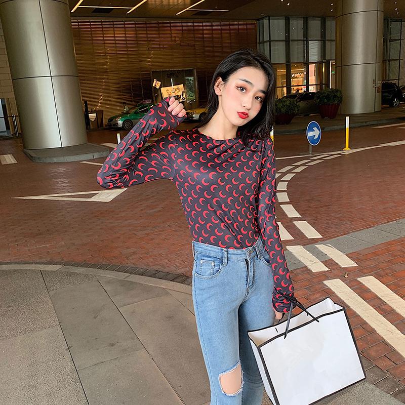 Spring/Summer Korean Moon Underlay Shirt for Women's Versatile Fit Fit Elastic Slim Print Top Large Long Sleeve T-shirt