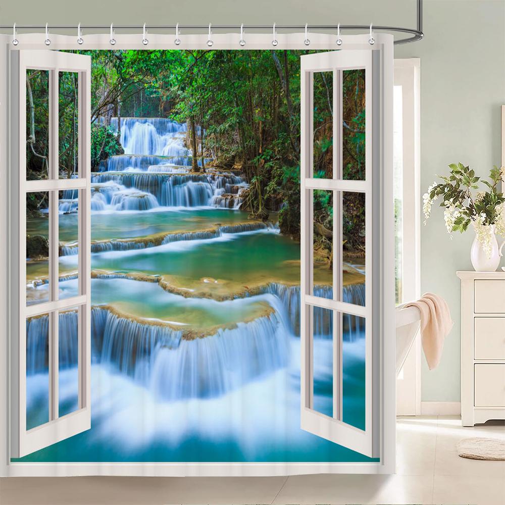 Bath Curtain 3D Printing Window Scenery Forest Shower Curtains 180*200Cm Waterproof Bathroom Curtain Washable Fabric With Hooks