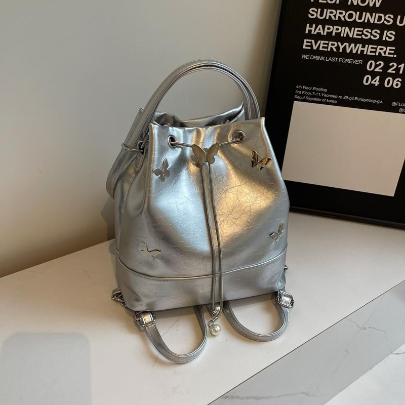 2025 Damen Silber Eimer Tasche: Roter Sommer-Schulterrucksack