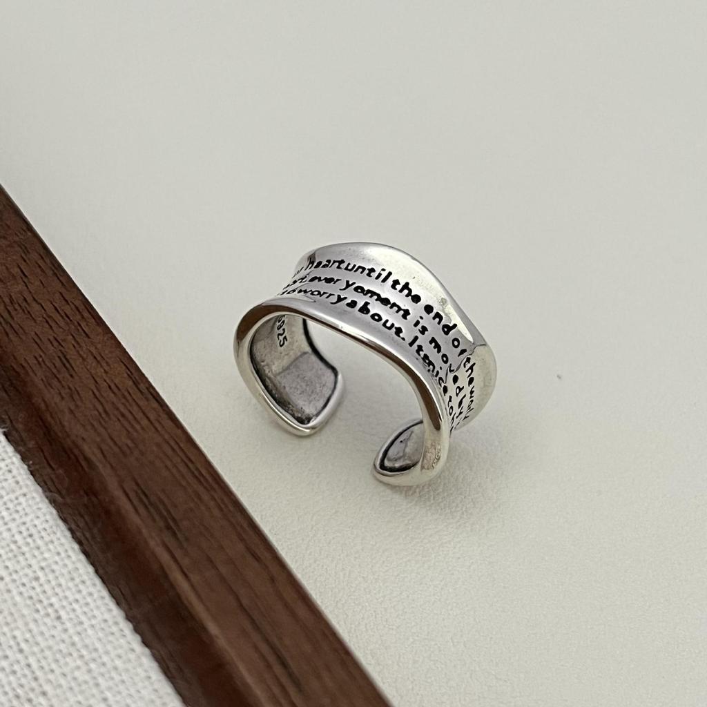 Retro Distressed Carved Letter Ring: English Quote Open Wave Design, Artistic Fashion for Women