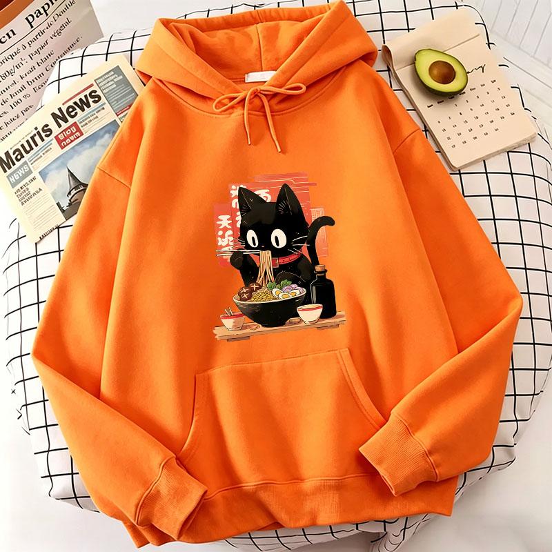 Funny Black Ramen Cat Japanese Anime Style Design Printed Hoodie Fleece Sweatshirt Soft Graphic Pullover Casual Clothes