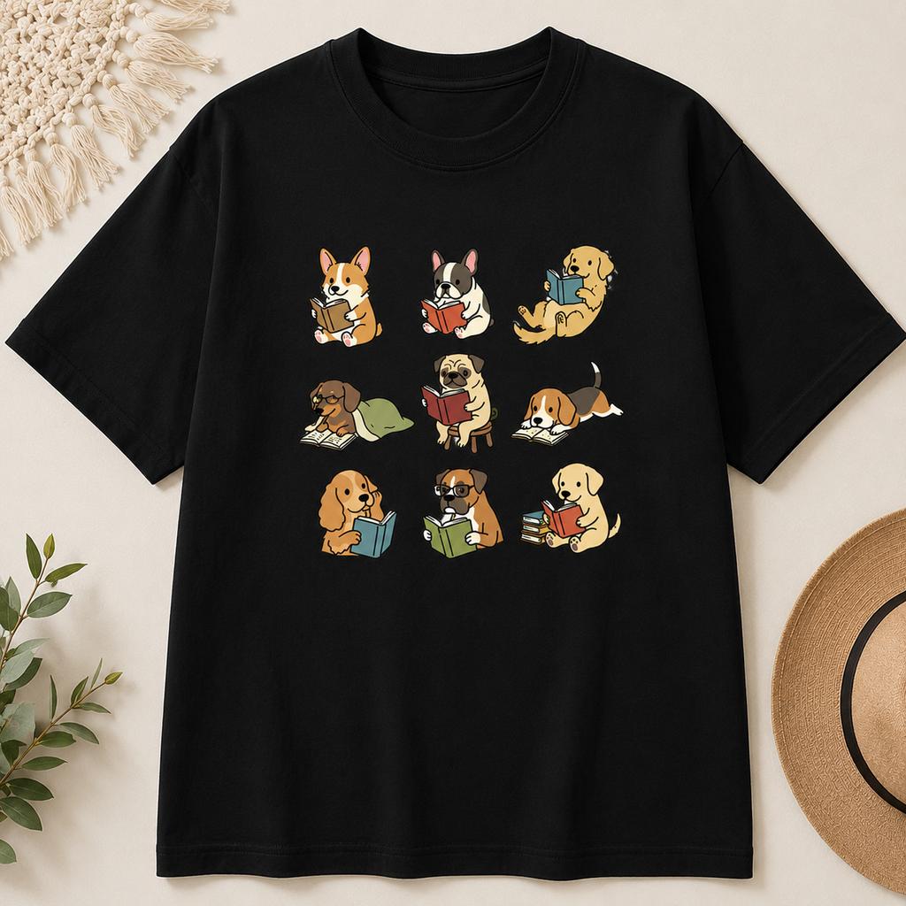 Funny Dog Reading Shirt Cute Book Lover Dog Graphic Tee Animal Lover Gift
