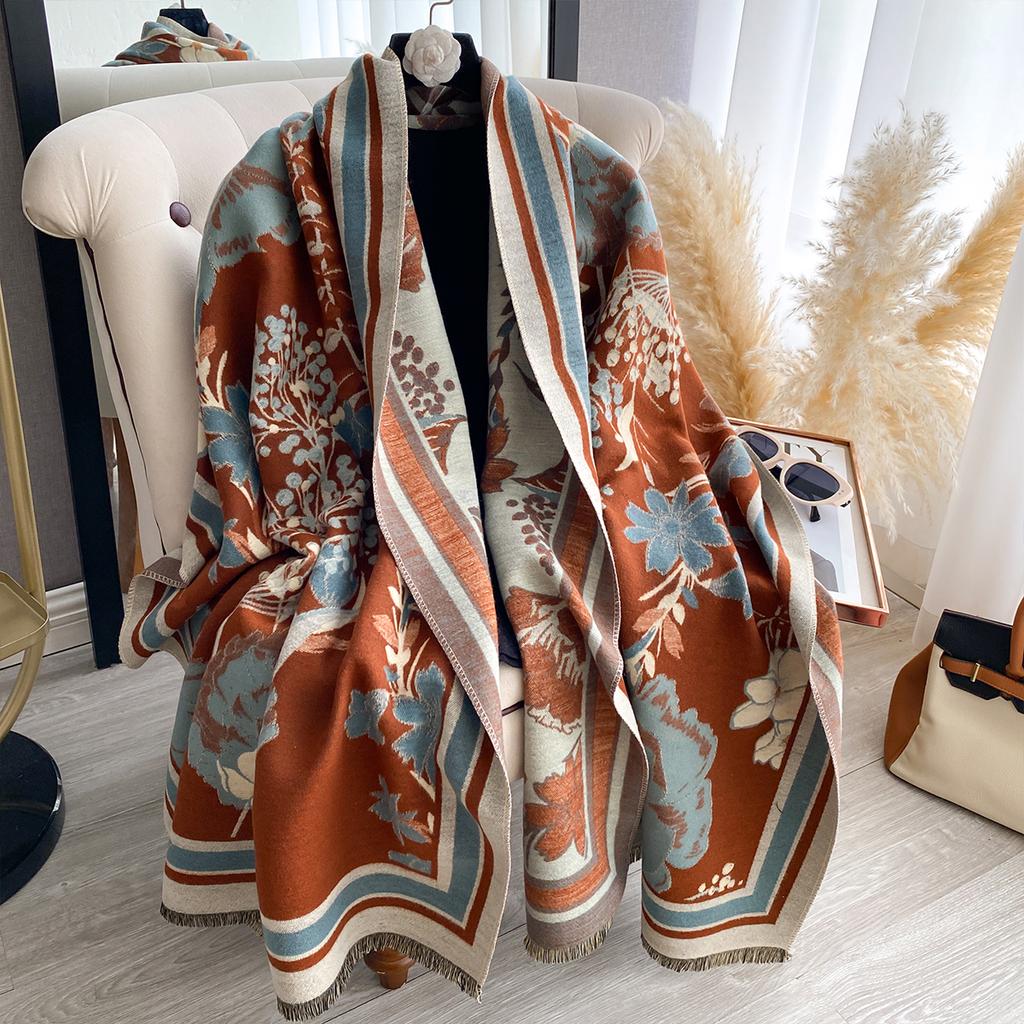 Women's Double-Sided Floral Print Faux Cashmere Scarf Soft Cozy Pashmina Shawl Autumn Winter Cold-Resistant Windproof Blanket