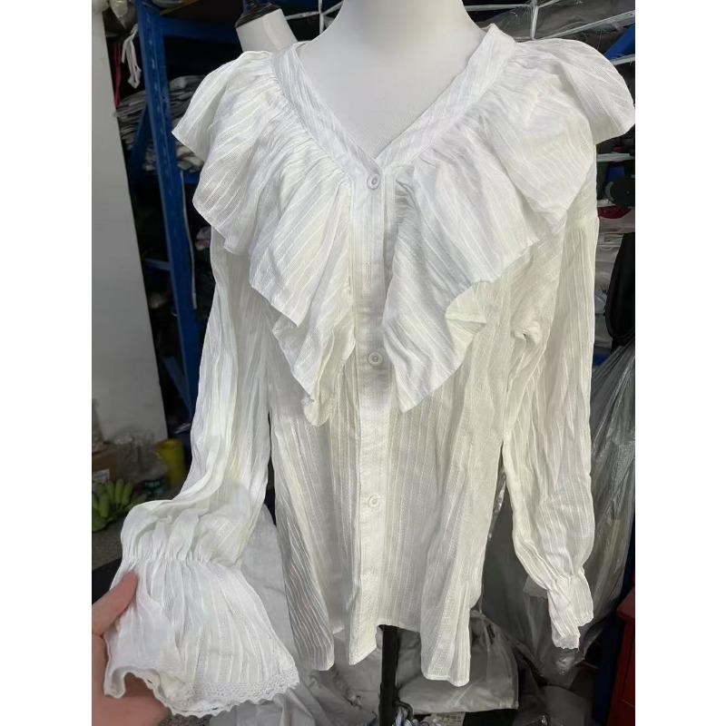 V Neck Ruffled Loose Women Shirt Fashion Long Sleeve Casual Blouse Sweet Office Tops Simple Spring Autumn Elegant Clothing