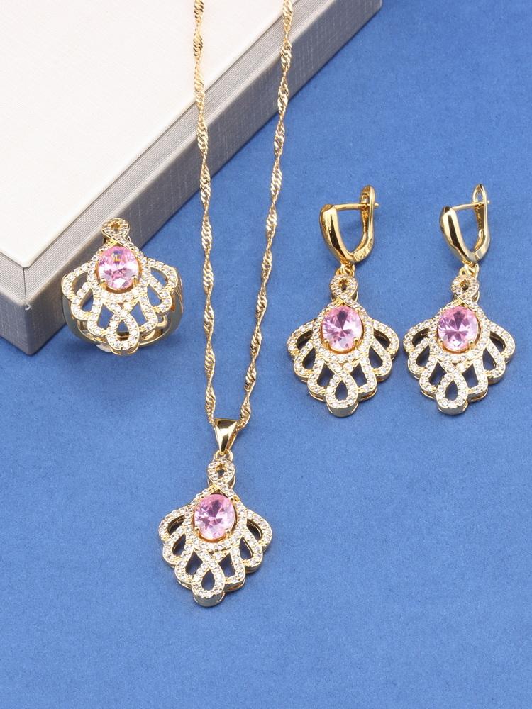 Unique  Gold Plated Wedding Accessories Big Jewelry Sets Colorful Zircon Bridal Necklace And Earrings Ring For Women Gift
