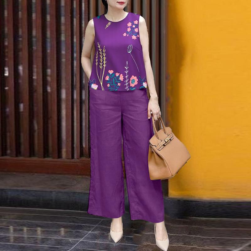 

ZANZEA Женский летний костюм-двойка: жилет без рукавов с принтом и брюки фиолетовый