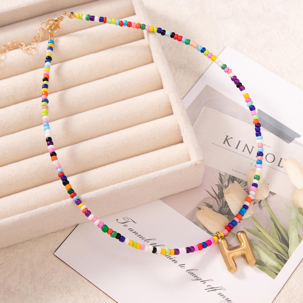Bubble Alphabet Colored Rice Beads Handmade Beaded Delicate Beach Bohemian Necklace Collarbone Chain