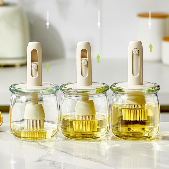 Glass Oil Bottle Silicone Brush Integrated Oil Pot Vinegar Jar Easy-Fill Wide Mouth Oil Dispenser for Barbecue Frying Baking Cooking