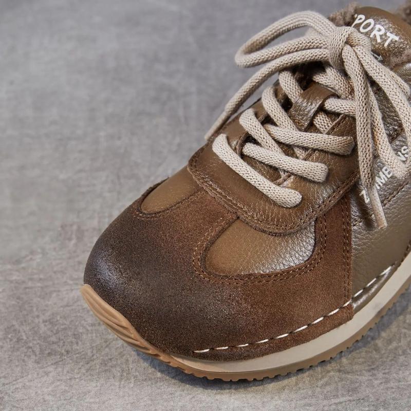 Johnature Echtes Leder Plüsch Warme Damen Schuhe Lässig Weich besohlt Sportschuhe Vielseitige Schnürschuhe Baumwollschuhe