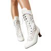 British Style Women'S Medium Boots Women'S Shoes Retro Lace Splicing Thick Heel High Heel Front Lace-Up Versatile Large Size Women'S Shoes