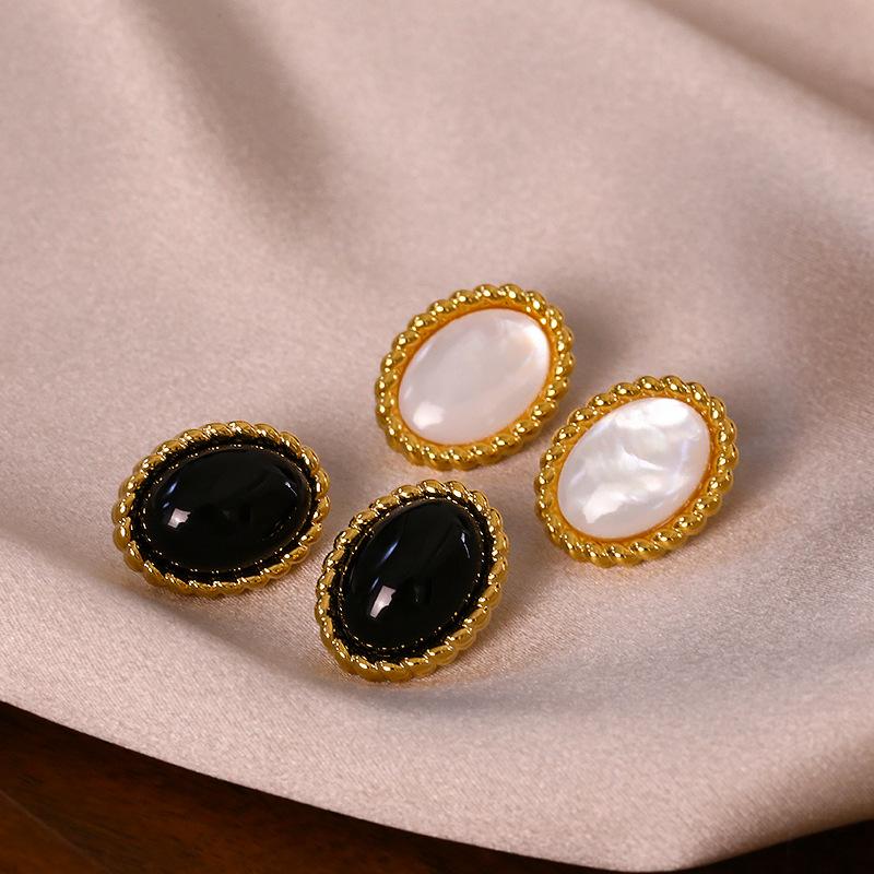 Natural White Fritillary Black Agate Oval Stud Earrings Women's Antique Light Luxury Temperament Earrings S Silver Needle Earrings
