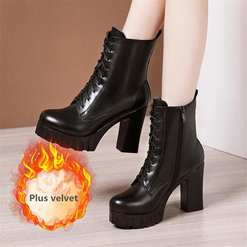 Tacchi Alti da Donna Vera Pelle Tacco Grosso Stivaletti Corti Autunno Inverno Floccato Platform Stivaletti alla Caviglia Stringati Metà Polpaccio Cerniera Stivale