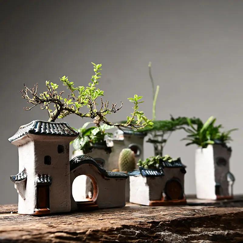 Courtyard Modelling Ceramic Flower Pots Huizhou Architectural Bamboos Pot Planting Pots Fish Tank Aquascape Ornament Decorations