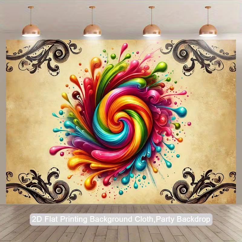 

2D Rainbow Paint Swirl Backdrop, Colorful Abstract Splash with Vintage Corners Photo Background 47.2x31.5inch/120*80cm