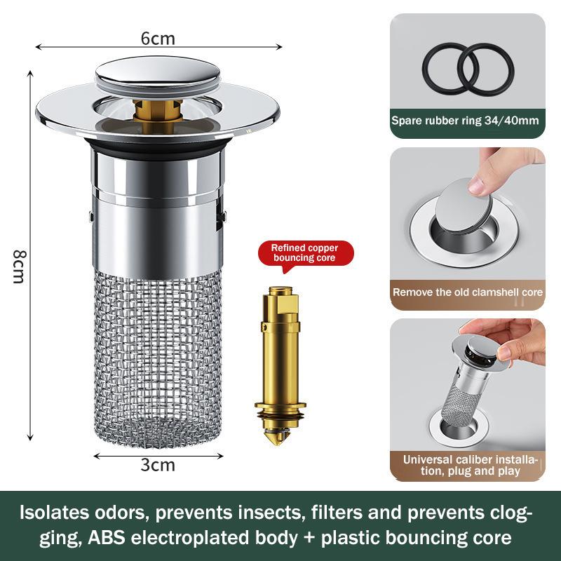 Umyvadlová zátka, proti zápachu, vyskakovací sáček, zátka do umyvadla, lapač vlasů, sítko do sprchy, nerezový filtr, sáček do umyvadla