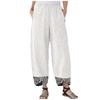 Women Cotton Linen Print Irregular Elastic Waist Casual Loose Wide Leg Pants
