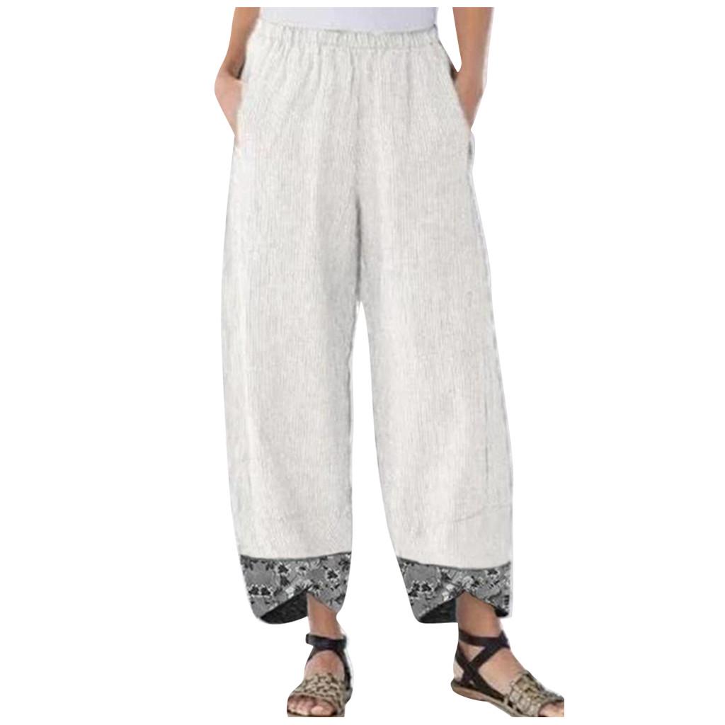 Women Cotton Linen Print Irregular Elastic Waist Casual Loose Wide Leg Pants