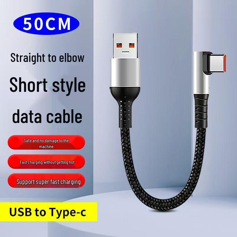 0,25 m Vinkel Type-C Superrask Ladekabel – 0,5 m Bil-/Datakabel for Powerbanks og Mobilspilling