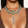 European and American Jewelry Retro Imitation Turquoise Beaded Necklace, Personalized Horn Pendant Multi-layer Collarbone Chain