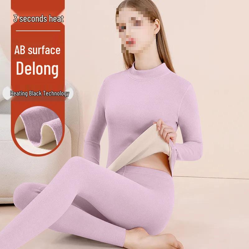 Women's Fleece-Lined Thermal Underwear Set - Semi-High Neck, Thick Base Layer for Autumn & Winter