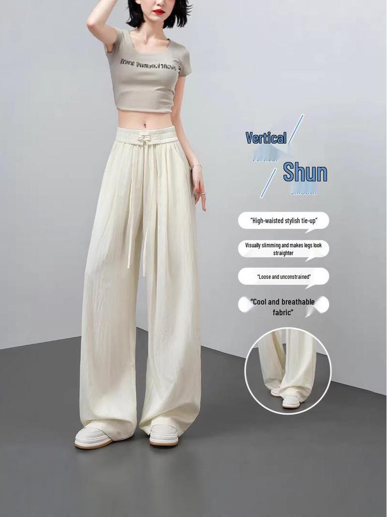 Women's Summer 2026 High-Waist Ice Silk Wide-Leg Pants - White Milk Puff Lazy Style