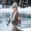 Soft Skin Friendly Winter Set 1 Hat Scarf Gloves for Kids, Fleece Lined Striped Knit with Children Elastic Ribbed Pom Pom, Cozy Toddlers Boys