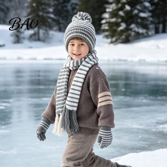 Soft Skin Friendly Winter Set 1 Hat Scarf Gloves for Kids, Fleece Lined Striped Knit with Children Elastic Ribbed Pom Pom, Cozy Toddlers Boys