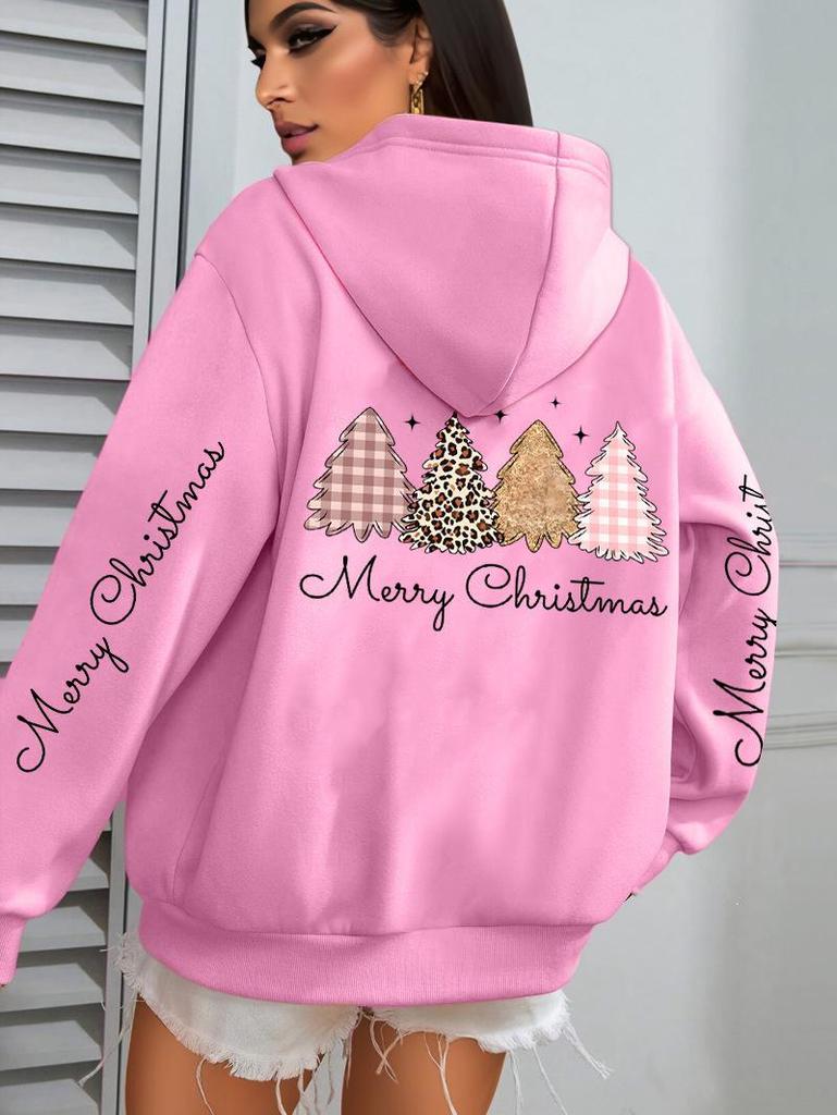 Merry Christmas Leopard Print Women's Hoodie Sweatshirt with Tree Pattern
