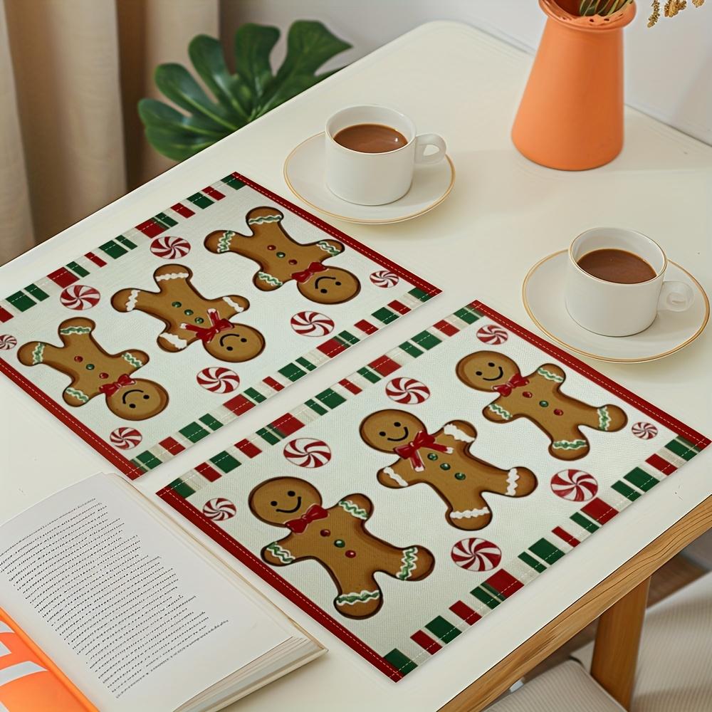 1/2/4/6/8pcs Christmas Whimsical Gingerbread and Bow Pattern Printed Placemats; Washable; Suitable for Kitchen Dining Table Decorative Mats; Adds