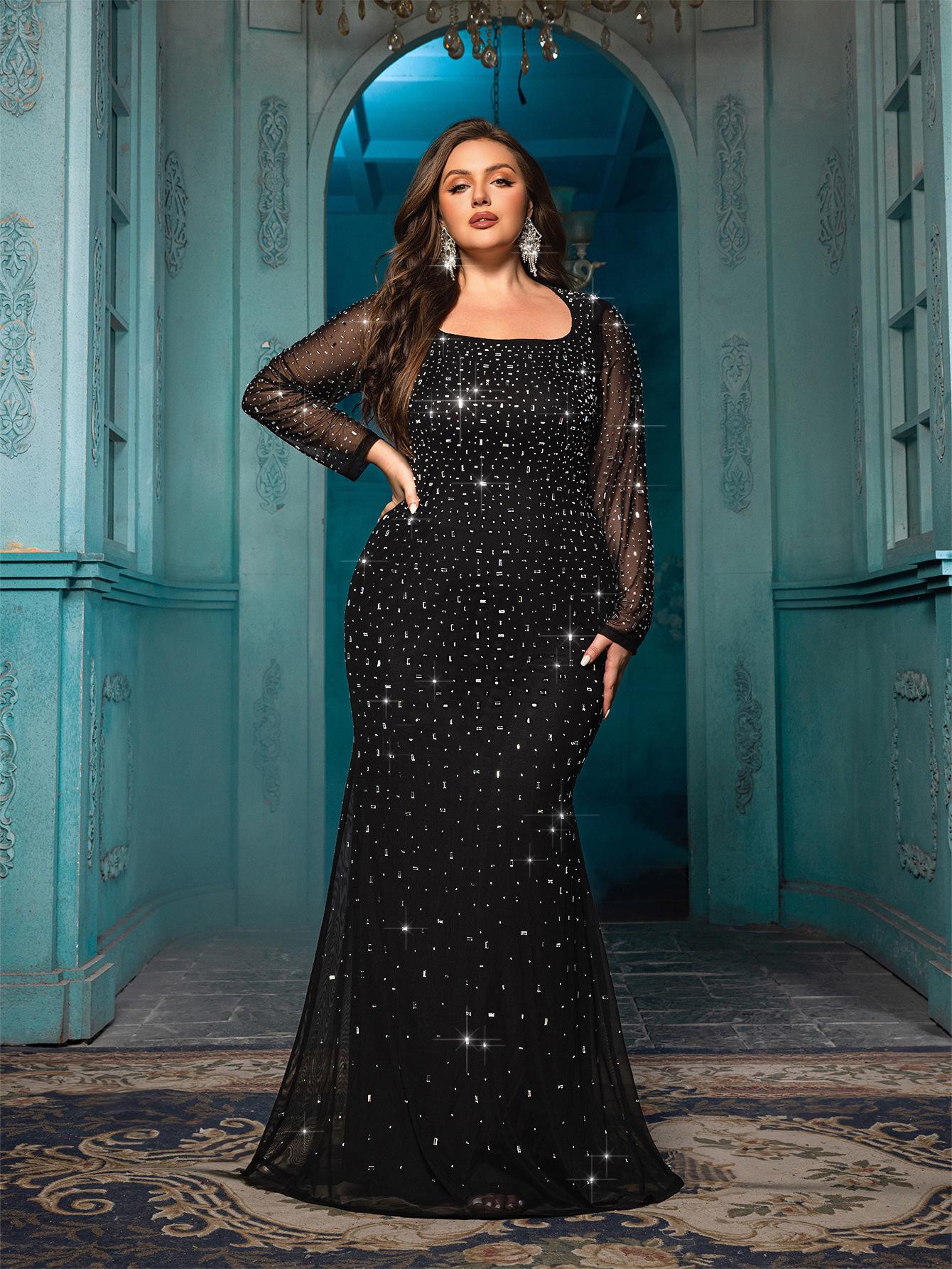Elegant Plus Size Long-Sleeve Square Neck Party Dress with Rhinestones XXXL чёрный