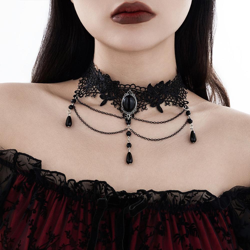 

Halloween Black Gothic Lace Choker Vintage Neo-Gothic Crystal Beads Necklace Tassel Punk Clavicle Chain Masquerade Club Jewelry