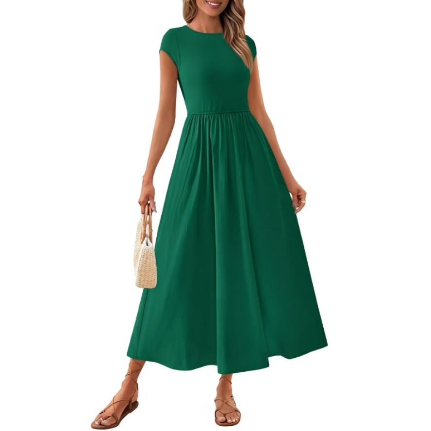 YYFS Dámská móda Léto Jaro Jednobarevný potisk Neformální šaty s krátkým rukávem do O-výstřihu a vysokým pasem