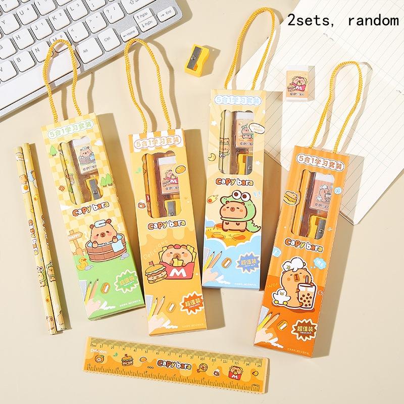2Set Cute Cartoon Capybara Pencil Stationery Set Kawaii 5Pcs/Set Eraser Pencil Sharpener Children Student Stationery Supplies