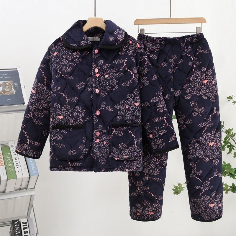 Thickened pajamas women's winter three-layer coral fleece padded cotton can be worn outside, plus sweet loungewear set