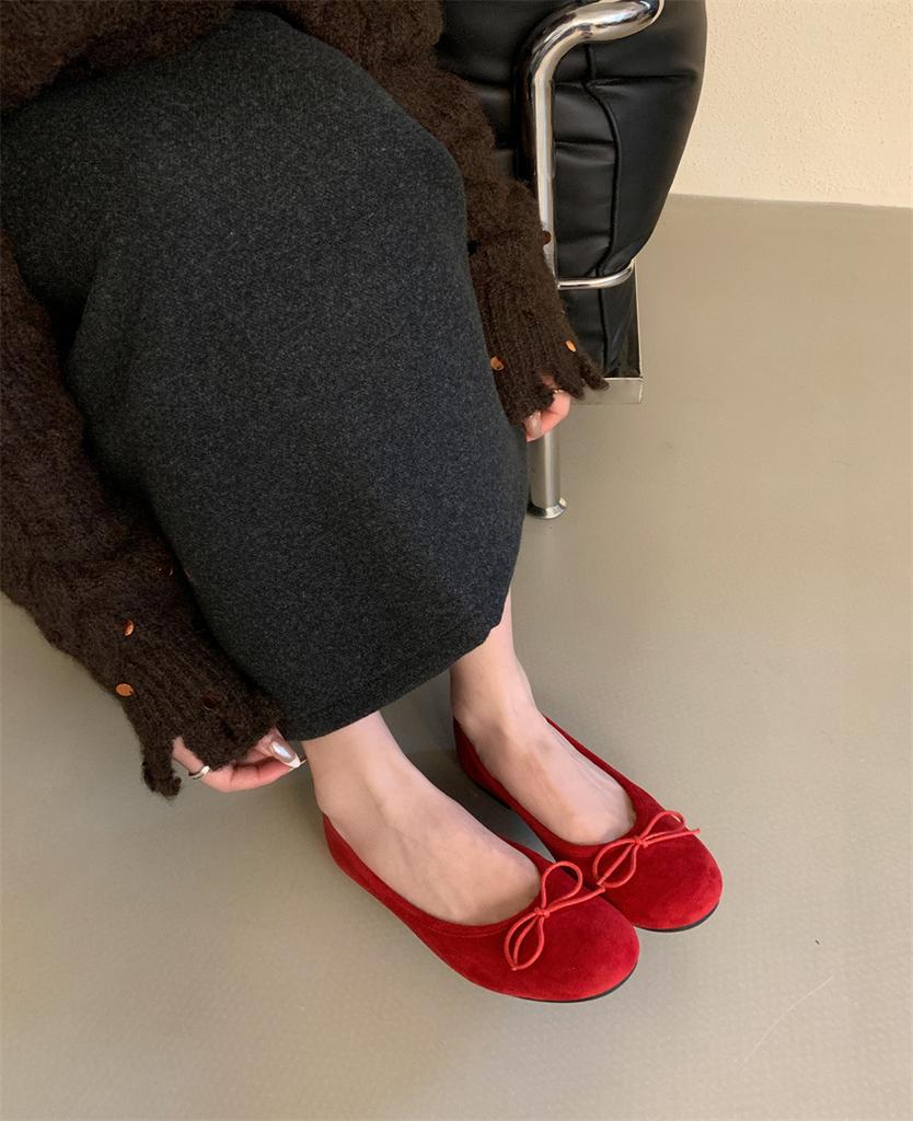 2025 new round head flat bottom soft and comfortable Doudou women's shoes casual versatile bow shallow mouth grandma single shoes women