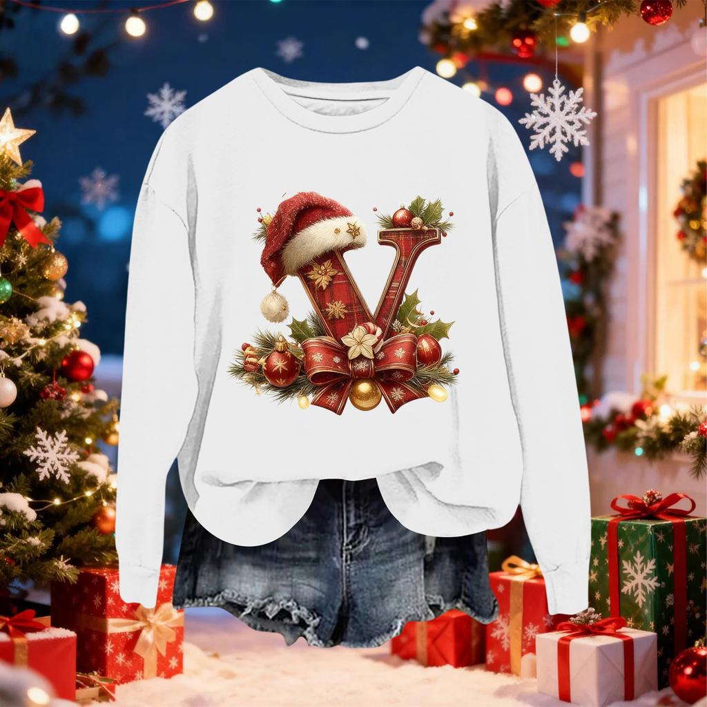 Women's Fashionable Casual Long-Sleeved Christmas Letter Print Crew-Neck Sweatshirt