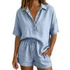 Conjunto de Verano de Algodón para Mujer, Top Holgado de Manga Corta con Botones y Cuello en V con Pantalones Cortos de Cintura Alta, Conjunto de 2 Piezas, Transpirable, Verano, Casual, Playa, Viaje