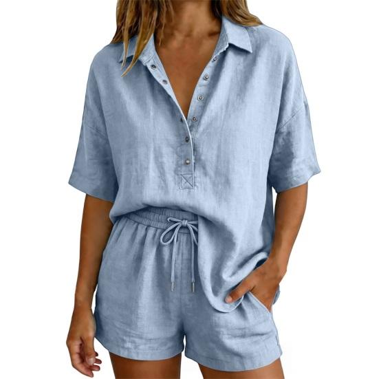 Conjunto de Verano de Algodón para Mujer, Top Holgado de Manga Corta con Botones y Cuello en V con Pantalones Cortos de Cintura Alta, Conjunto de 2 Piezas, Transpirable, Verano, Casual, Playa, Viaje