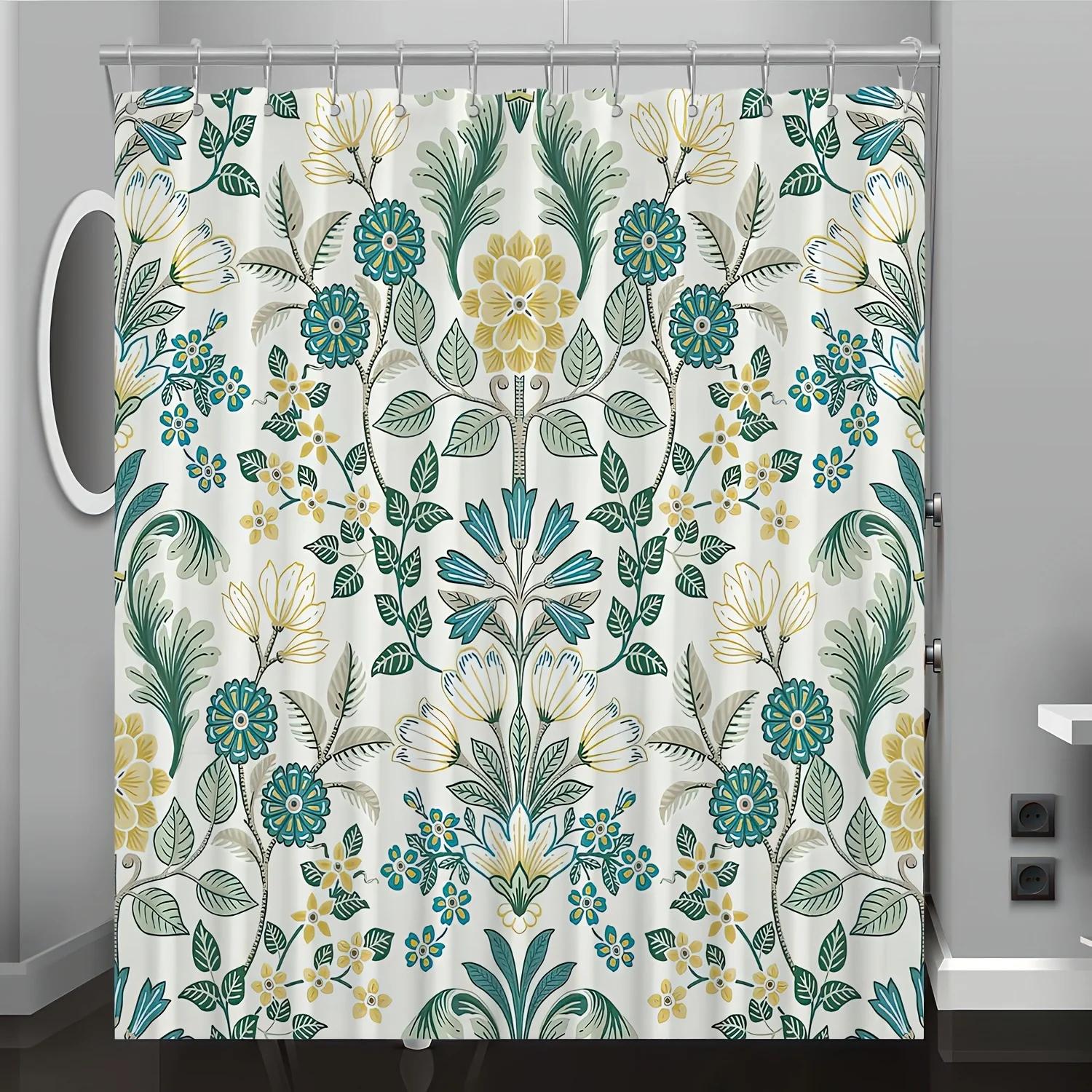 

1pcs Floral and Leaves Pastoral Pattern Digital Print Shower Curtain Bathroom Decor Home Decor with Hooks, Polyester Fabric W90xH180cm