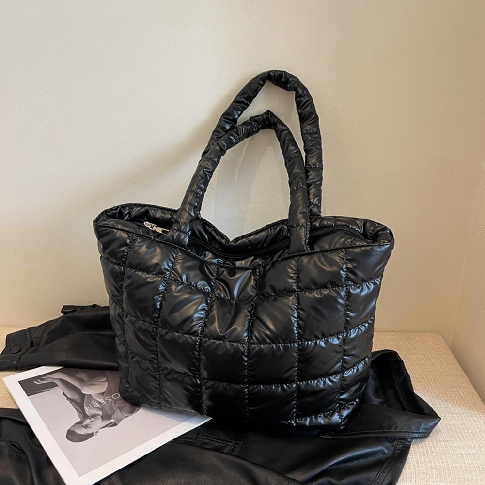 Women Girls Winter Shoulder Bag Zipper Closure Plain Check Bag Gloss Surface Cloud Bubble Bag Basic Style For Shopping Traveling