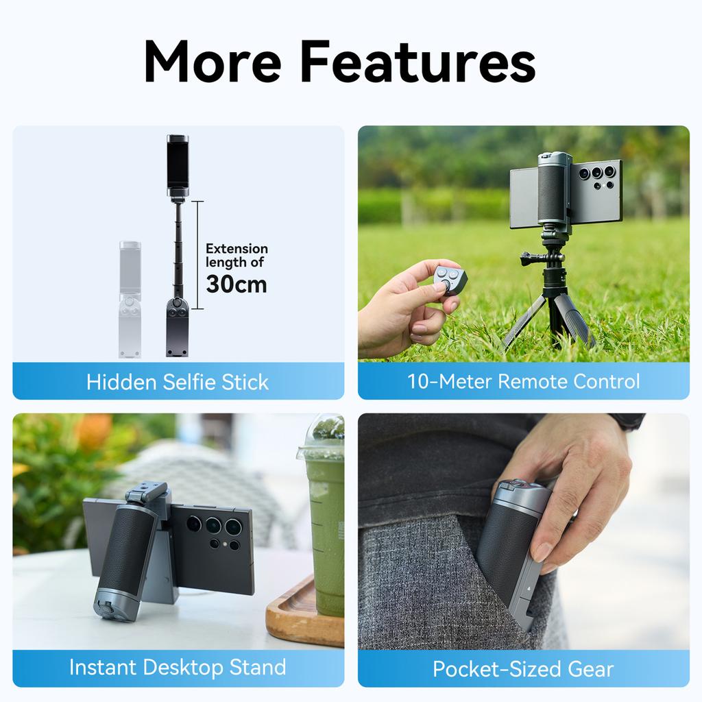 Versatile Smartphone Selfie Grip Phone Camera Grip Built in Extendable Selfie Stick with Detachable Remote Shutter Cold