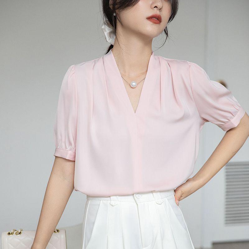 

K-style Work Clothing Blue Business Formal Wear Non-Ironing Anti-Wrinkle Interview Satin V-neck Slimming Bubble Short Sleeve Shirt Top Pink M