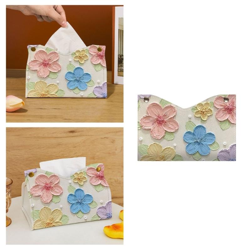 Artistic Colorful Flower Pattern Leather Tissue Holder Portable Napkin Dispenser Perfect For Home And Office Use