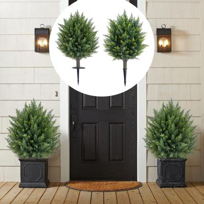 2 Pack Artificial Cypress Topiary with Ground Spike Outdoor Faux Cypress Bush Plant 23.6 Inch for Porches Gardens Patio