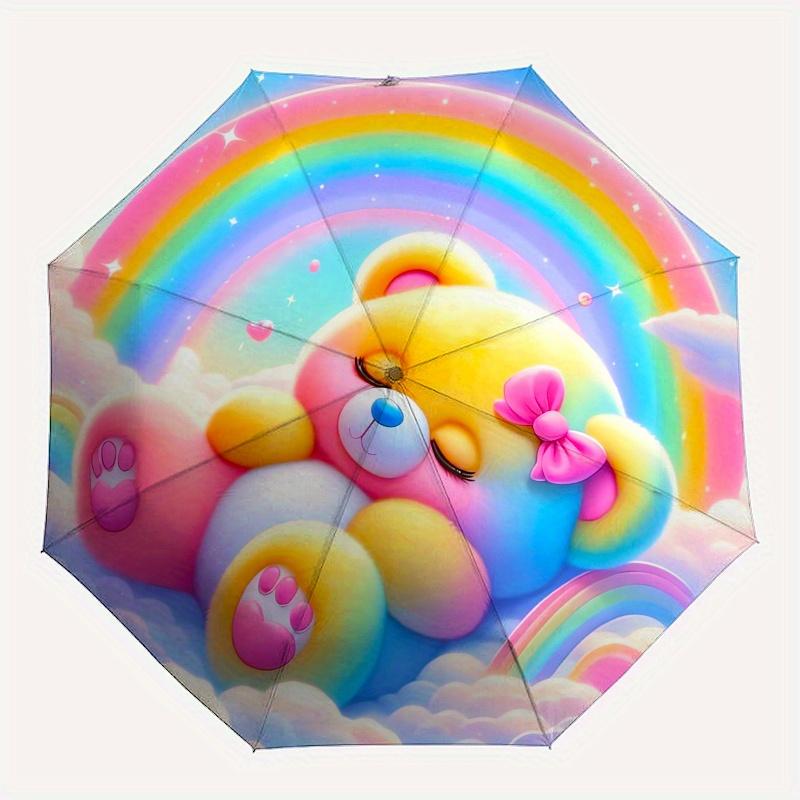Teddy Bear,Rainbow Automatic Folding Umbrella  Simple 8 Rib Design, Bright Cartoon Pattern, Durable Iron Frame, Suitable For Travel, Outdoor