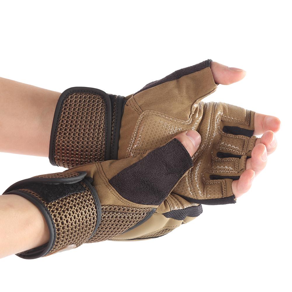 Man Male Fitness Sport Halffinger Gloves Lengthen Wrist Guard Protective Gear Brown(L )