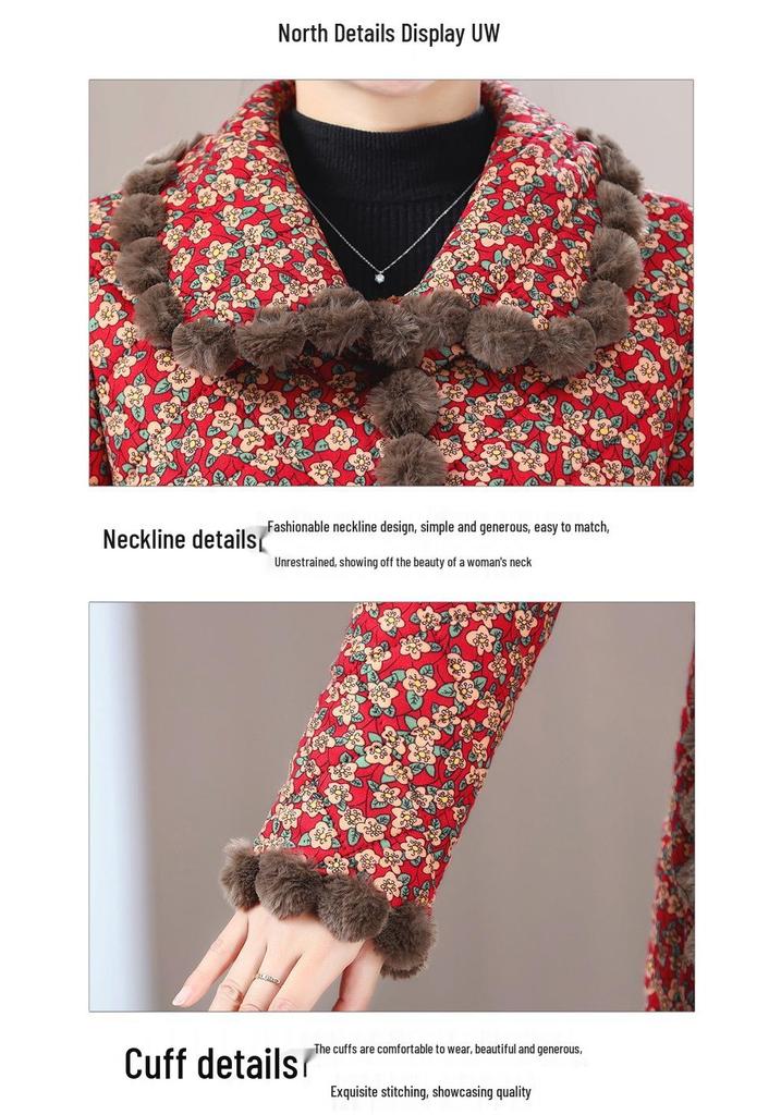 Floral Plaid Pom-Pom Long Cotton Padded Jacket for Middle-Aged and Elderly Women - Plus Size