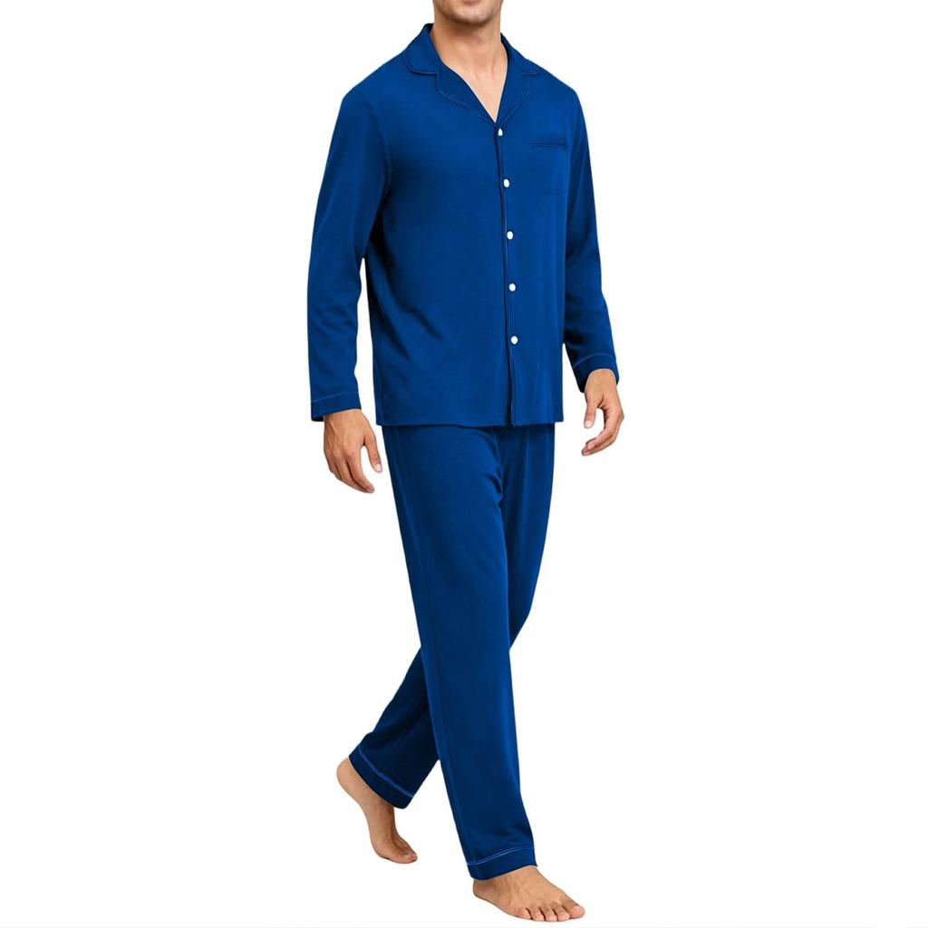 Men's Comfortable Button-Down Pajama Set Long Sleeve Loungewear for Sleep and Home