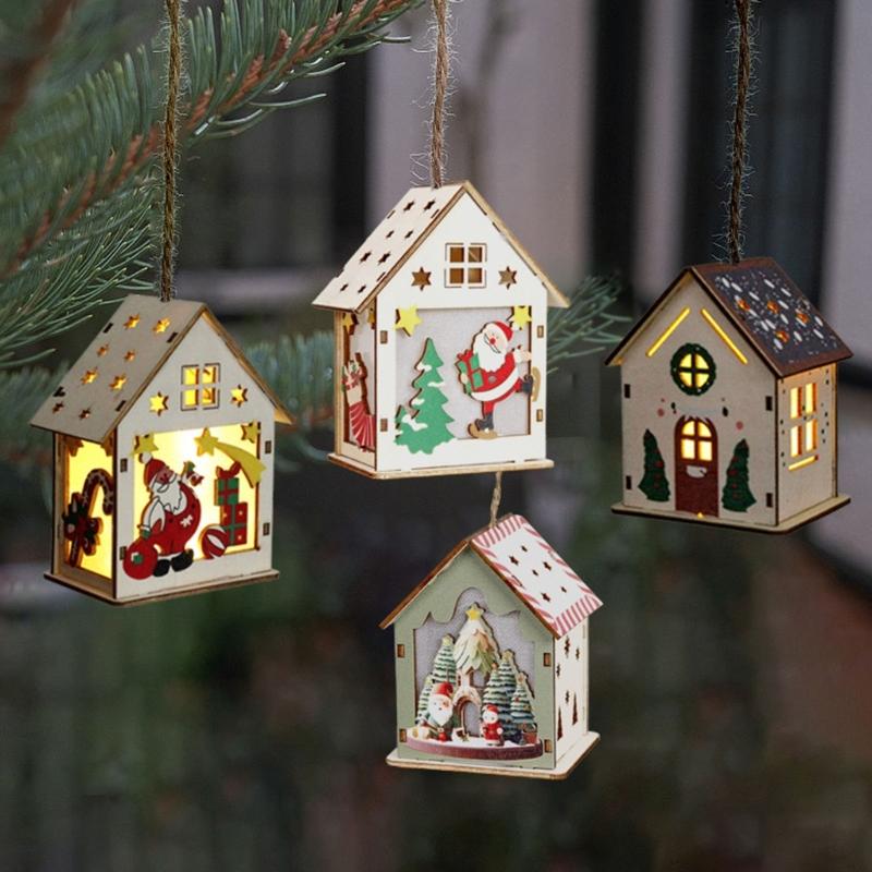 Illuminated Wooden Cottage Ornament Christmas Tree Hanging Decoration For Mantels Door Window Holiday Party Decoration